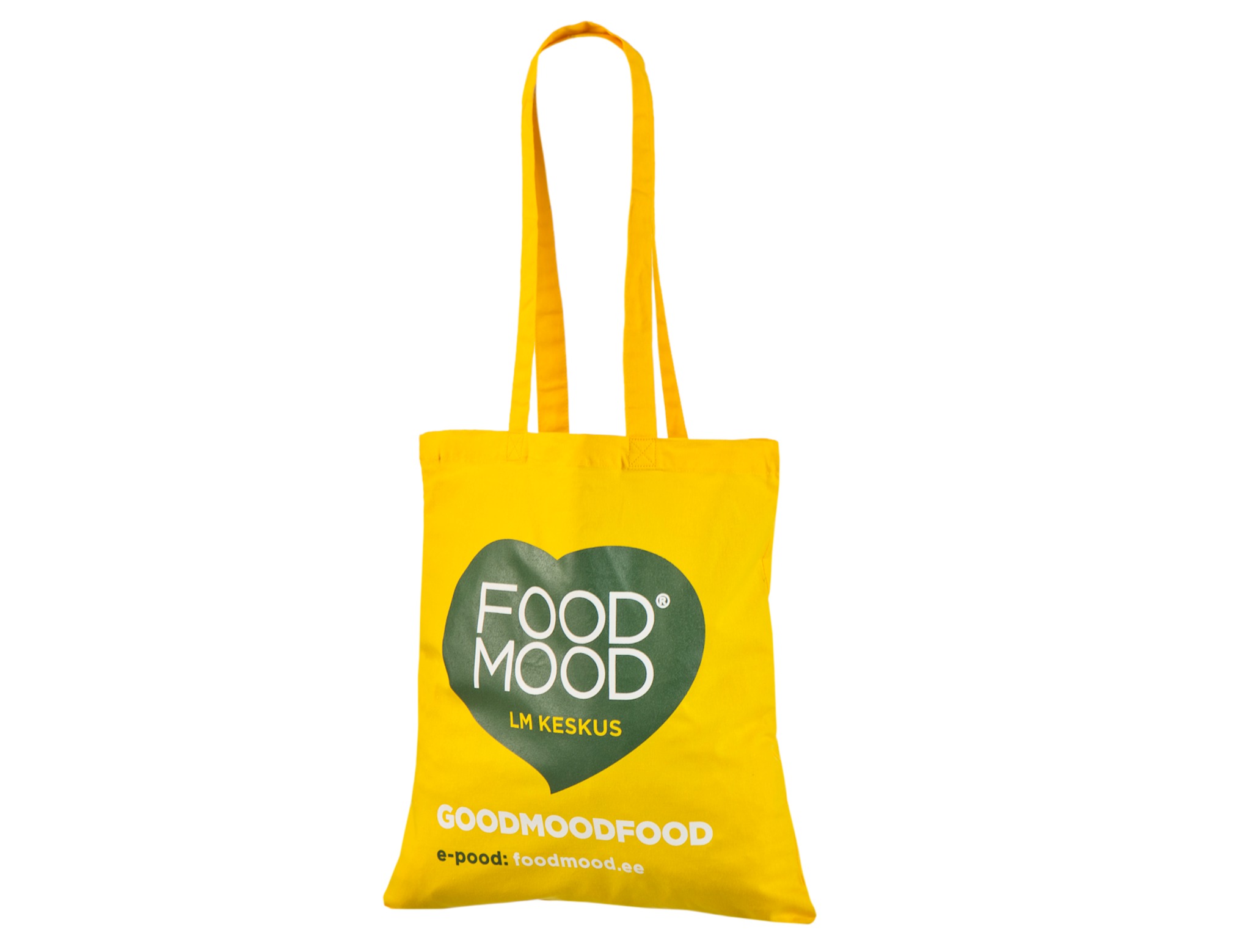 Rumena bombažna vrečka z dolgimi ročaji, zelenim srcem FOOD MOOD, belimi črkami in spletnim naslovom pod logotipom.